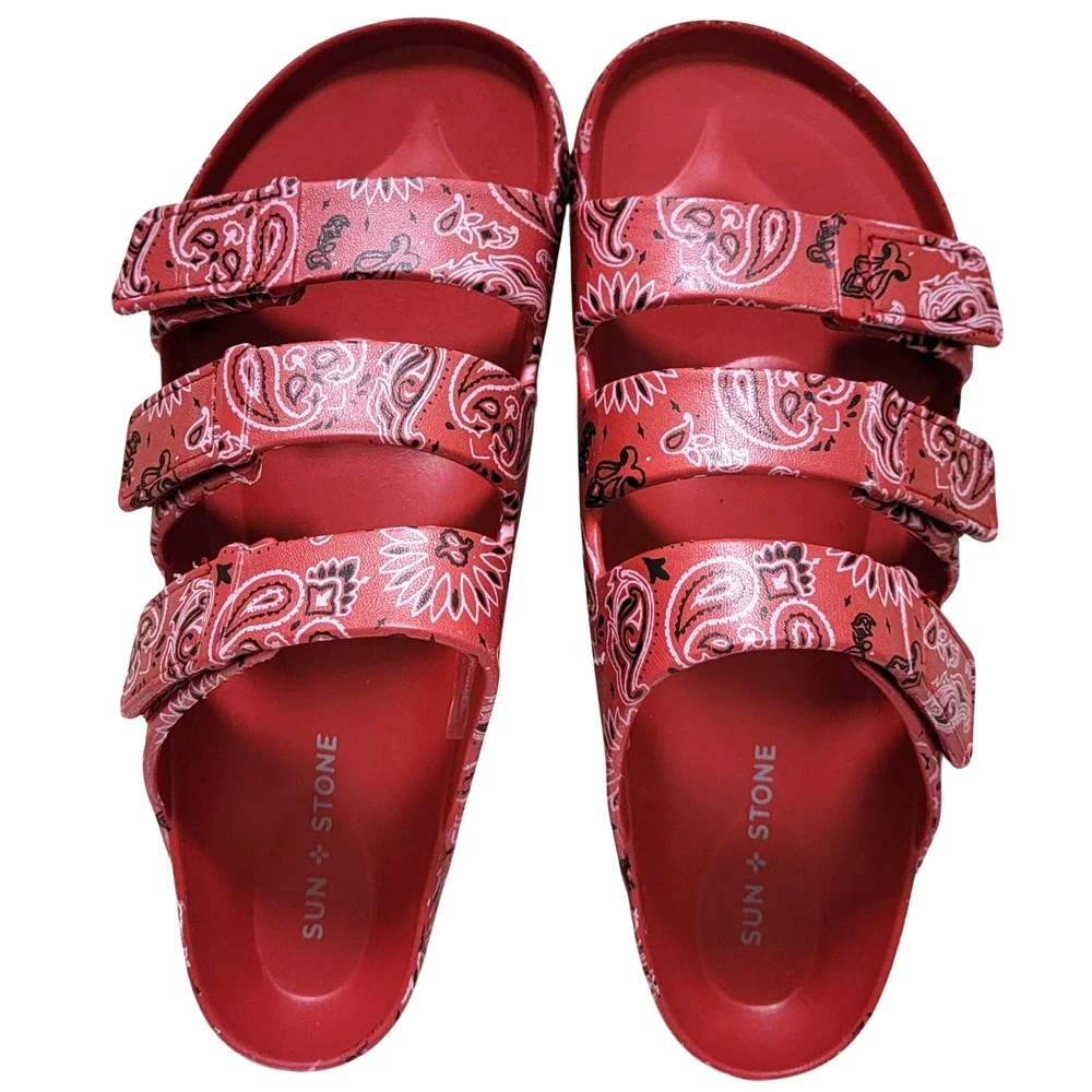 Sun + Stone Men Bowie Triple Strap Footbed Slide Sandals Size US 12M Red Bandana